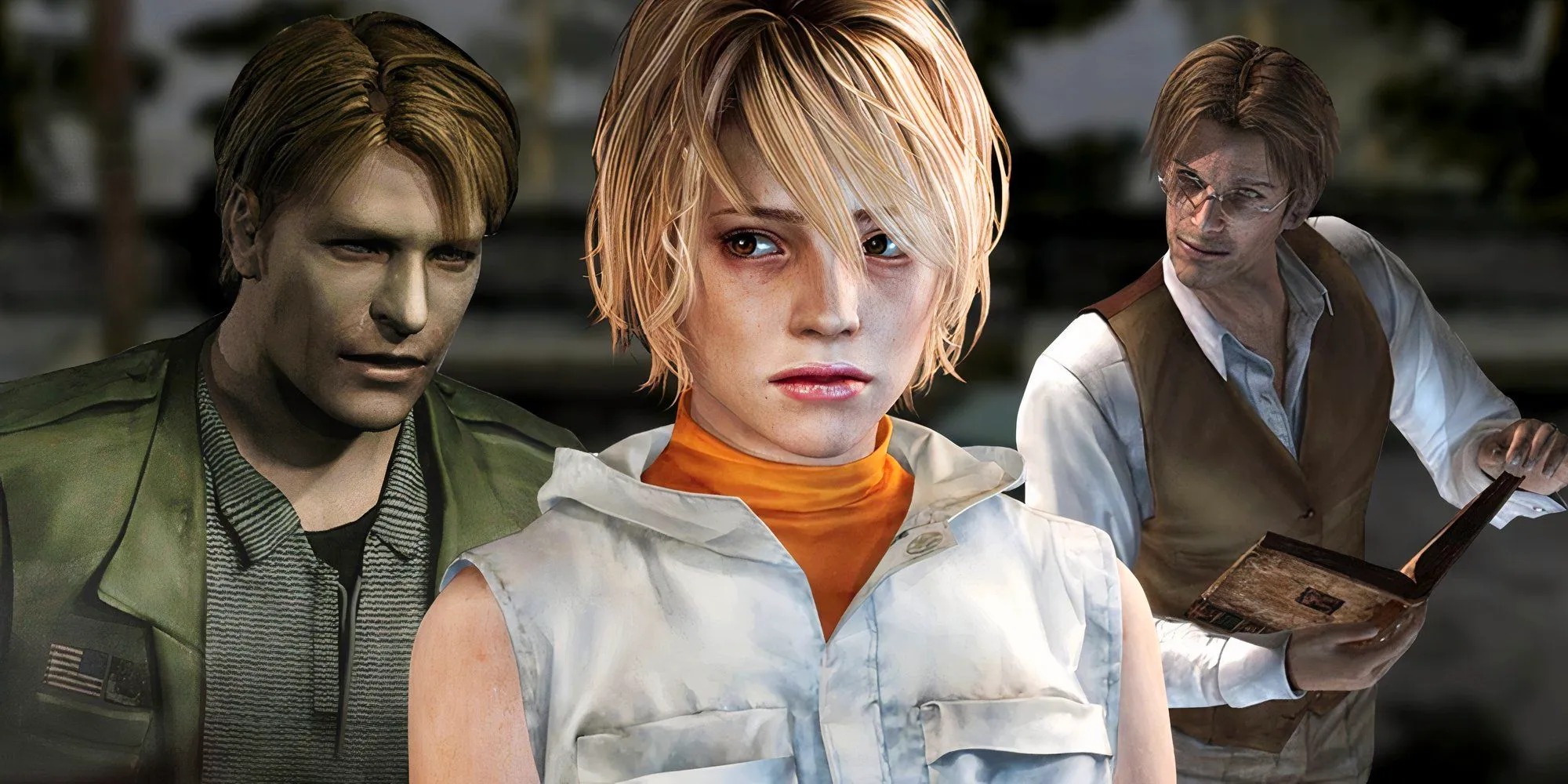 Silent Hill 3's Heather, SH2's James and SH3's Vincent up-close on a background from SH2. Image