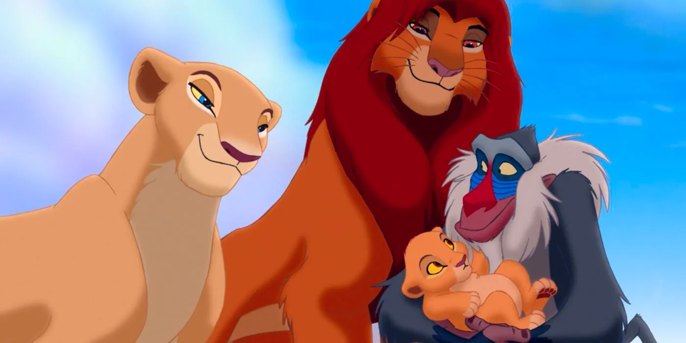 Simba, Nala, and Rafiki stand together as Rafiki holds a baby Kiara Image