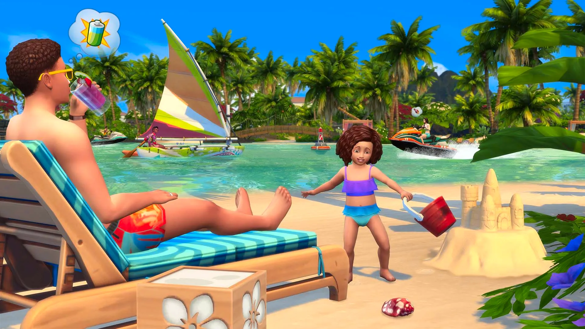 Sims 4 Island Living showing a girl on the beach while another sim sunbathes in a chair Image