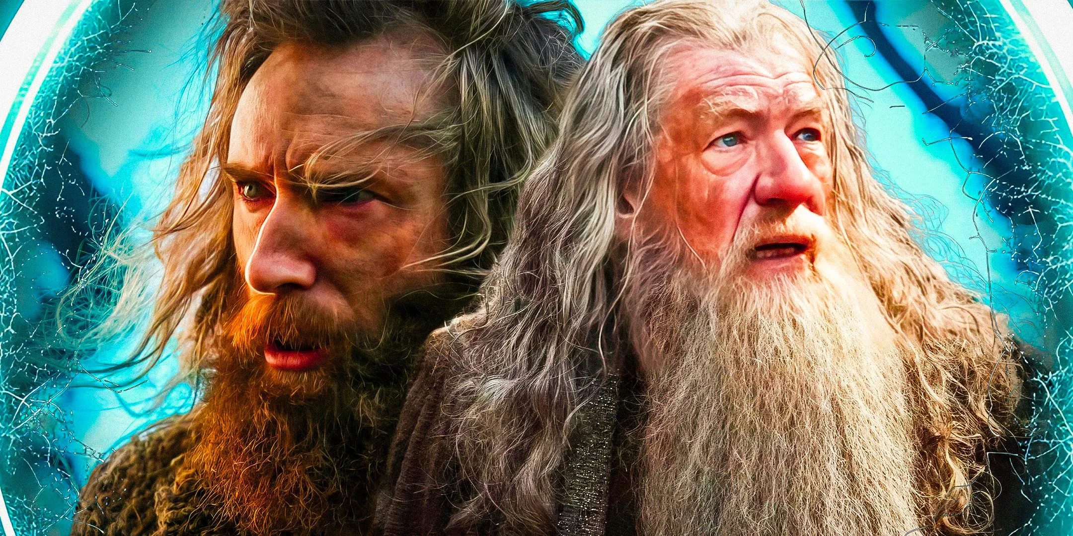 Sir Ian McKellen as Gandalf the Grey in The Lord of the Rings and Daniel Weyman as The Stranger in The Rings of Power Image