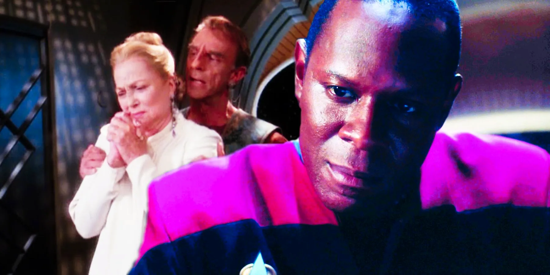 Sisko looks concerned as Dukat and Winn embrace Image