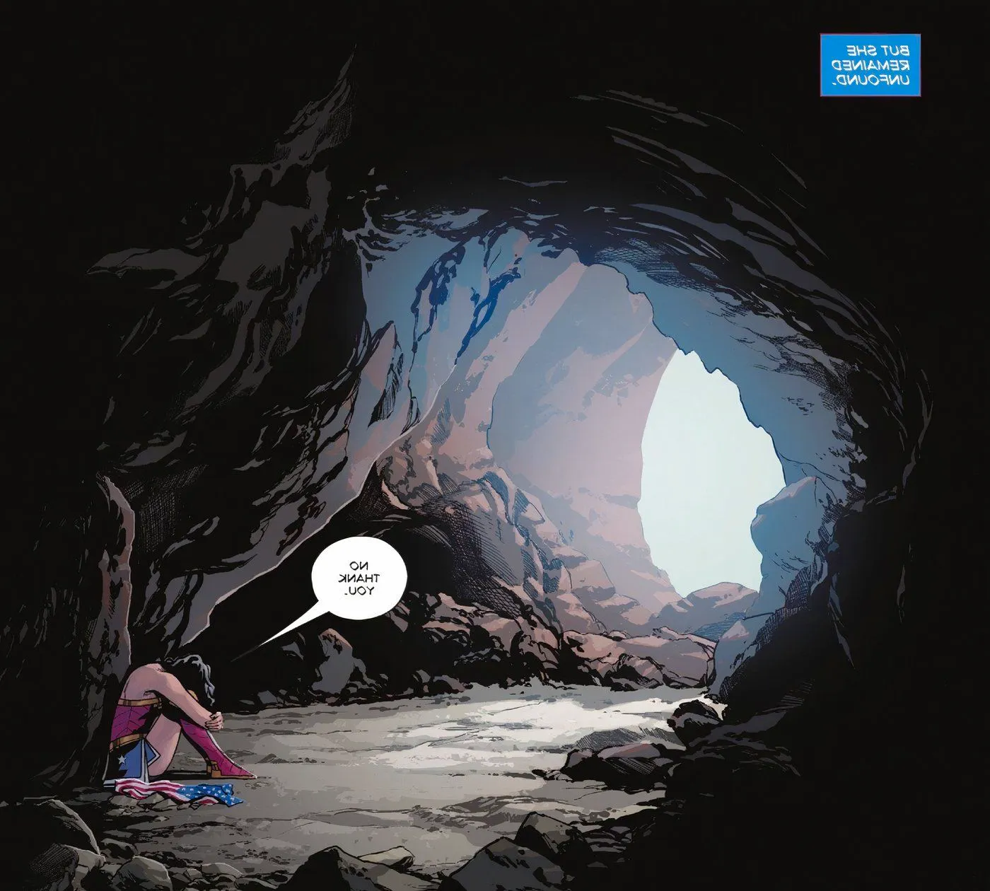 Sitting alone in a dark cave, Wonder Woman says her catchphrase, 