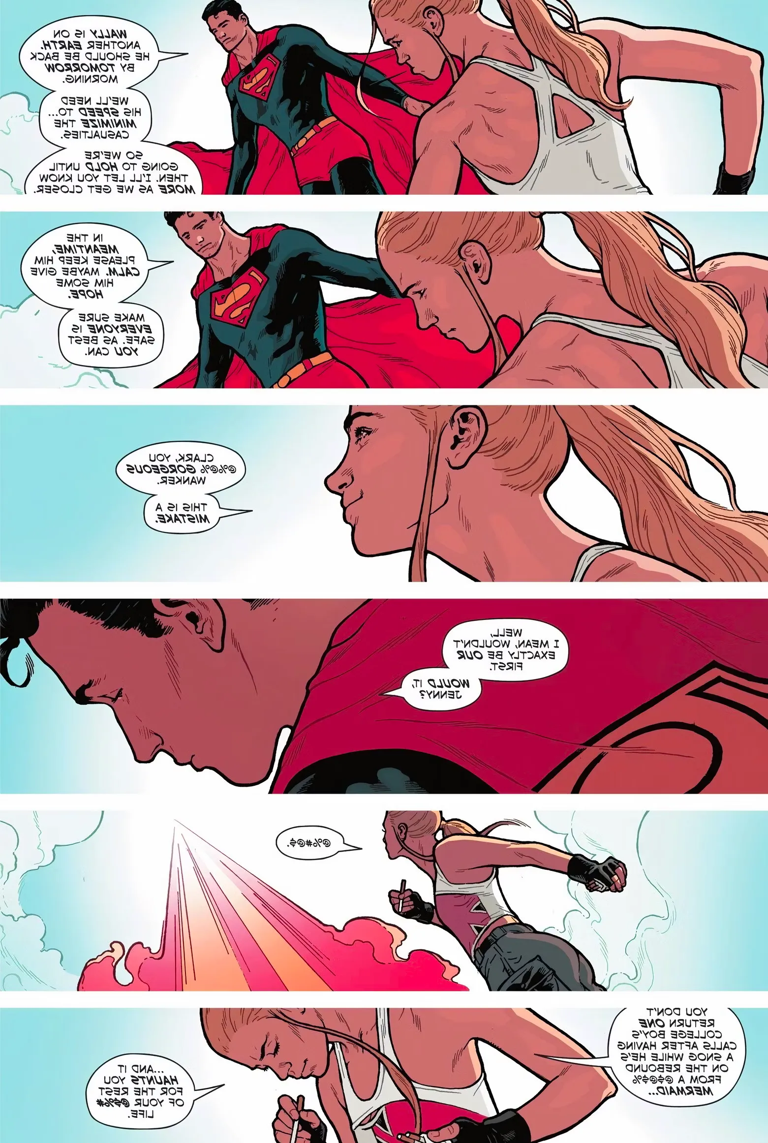 Six panels of Jenny Sparks and Superman talking about their prior relationship. Image