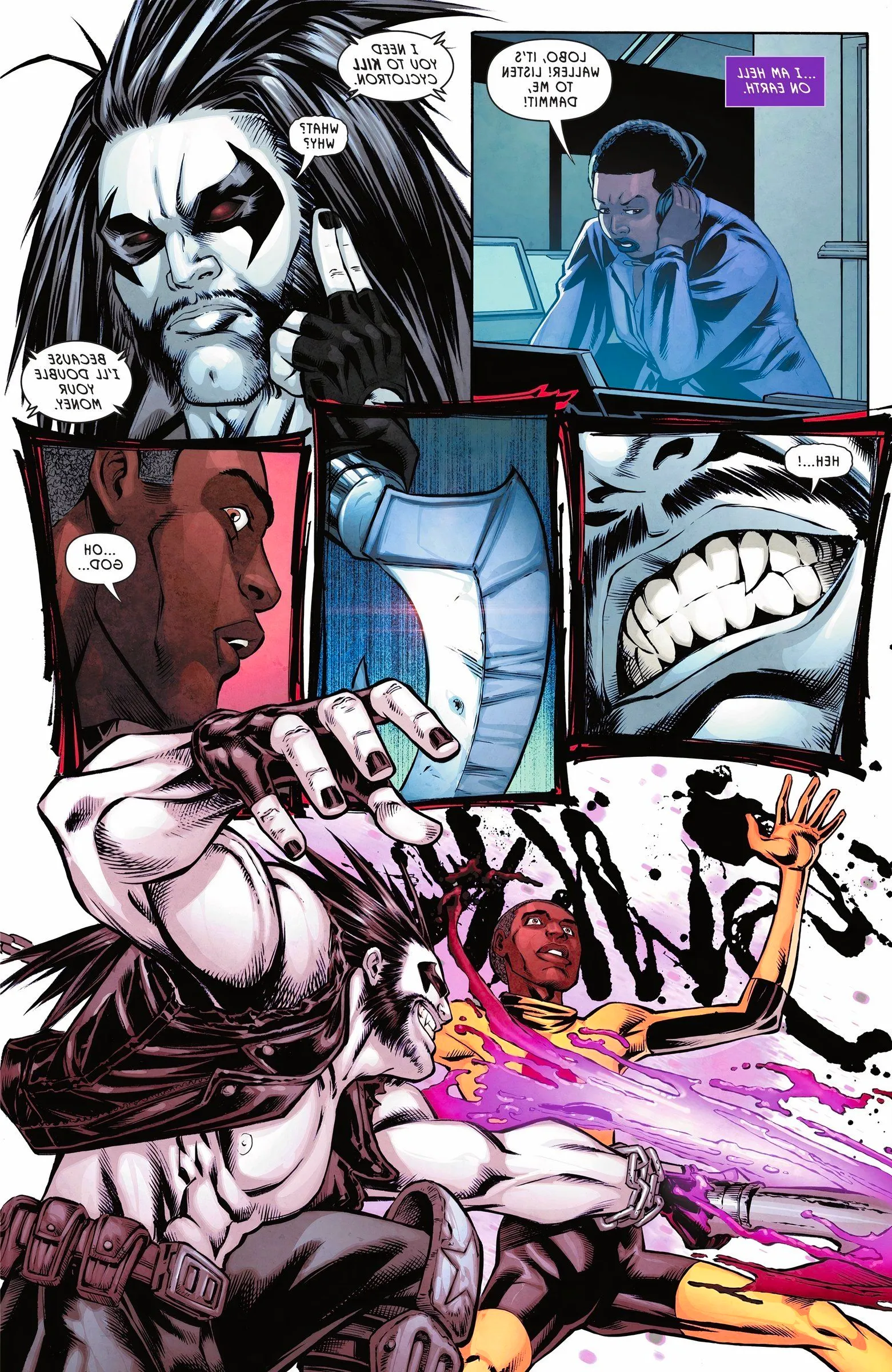 Six panels of Lobo killing Cyclotron at Amanda Waller's order Image