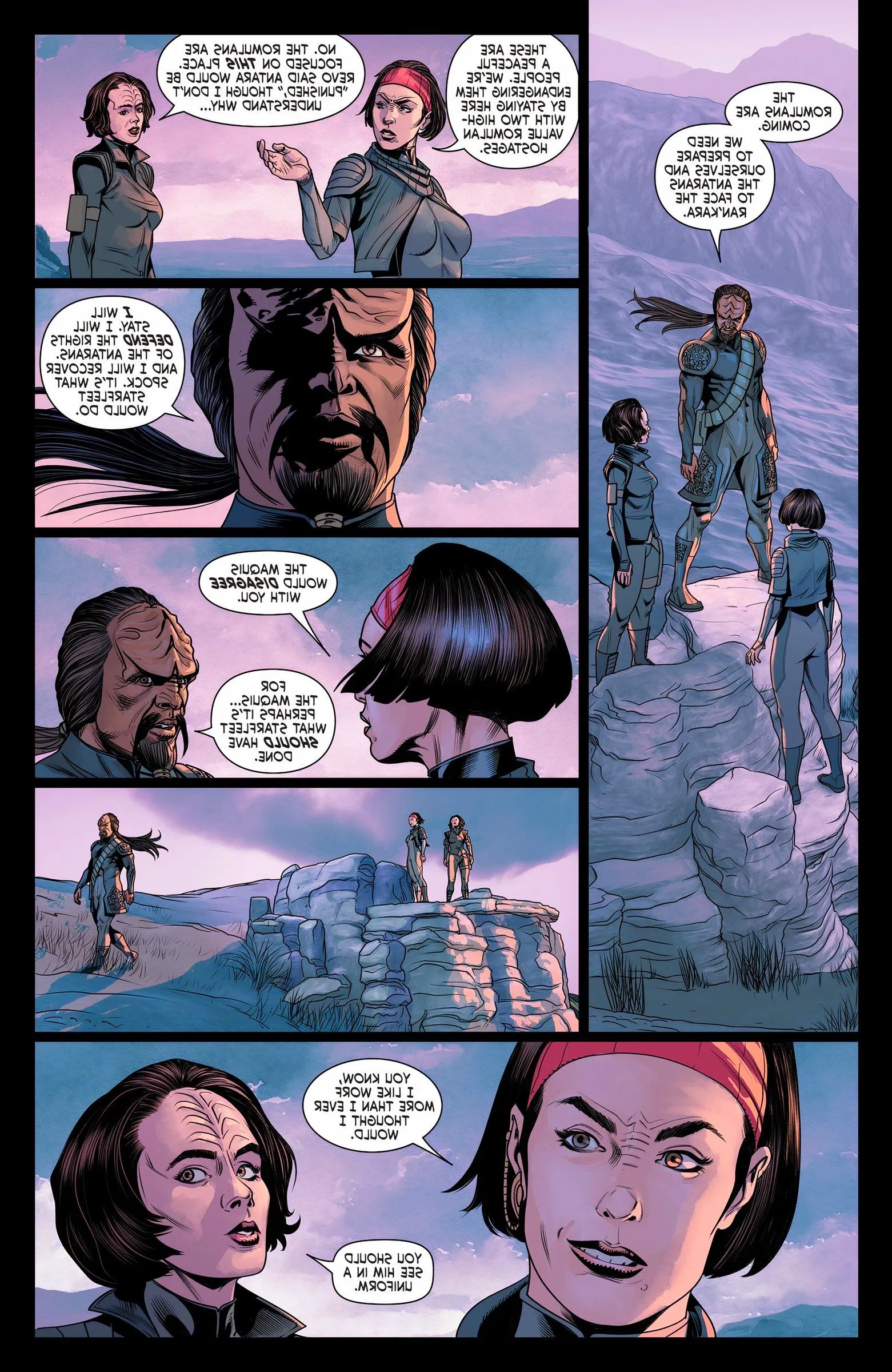 Six panels of Worf, Torres and Ro Laren talking Image