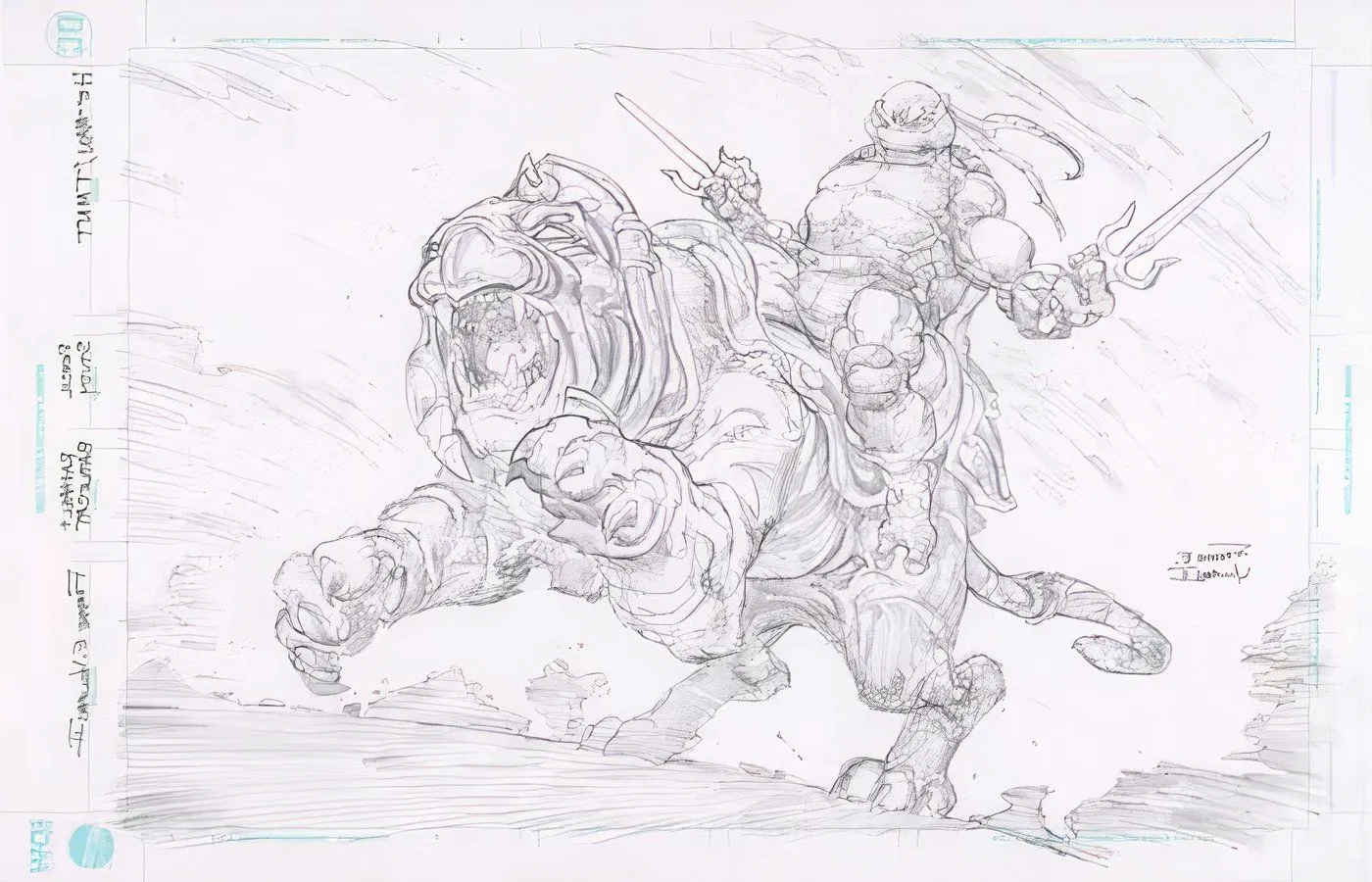 Sketch of TMNT's Raphael riding He-Man's Battle Cat. Image