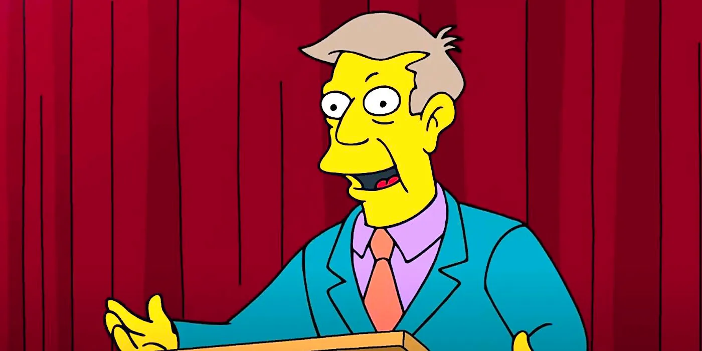 Skinner smiles while addressing an auditorium in The Simpsons season 36 episode 1 Image