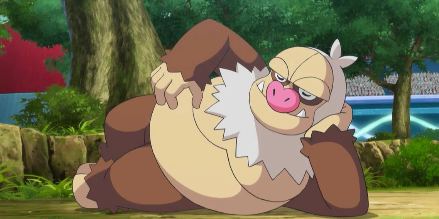 Slaking lounges on the ground in the Pokémon anime. Image