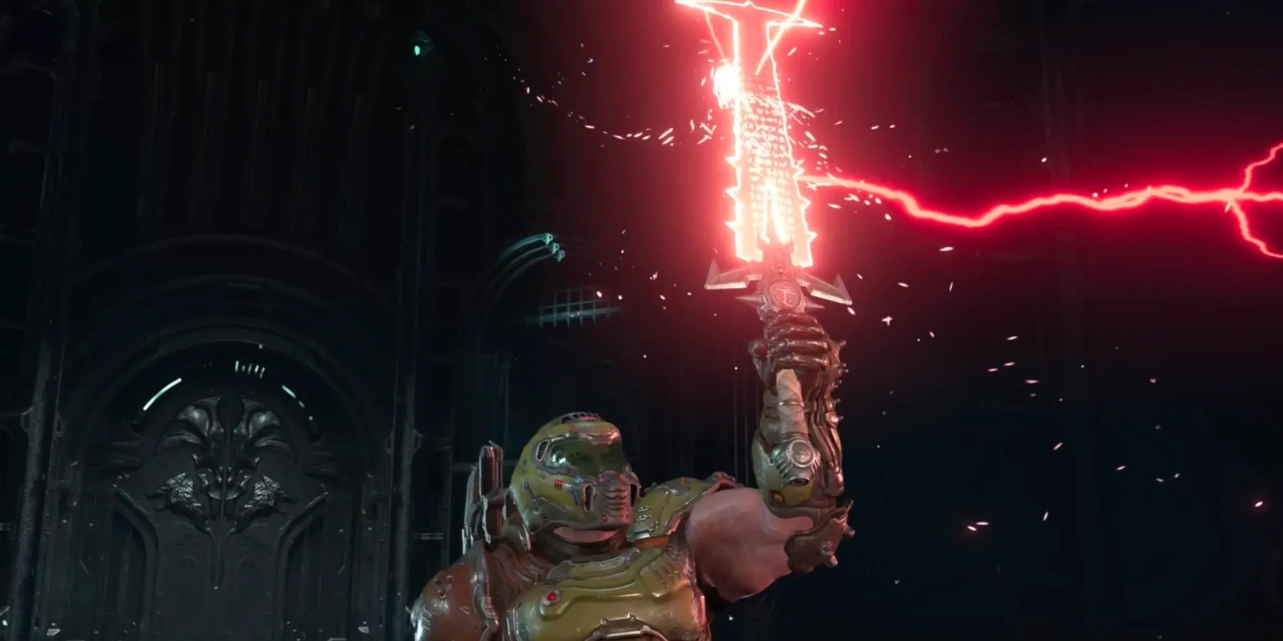 Slayer holding up the Crucible sword from Doom Eternal. Image