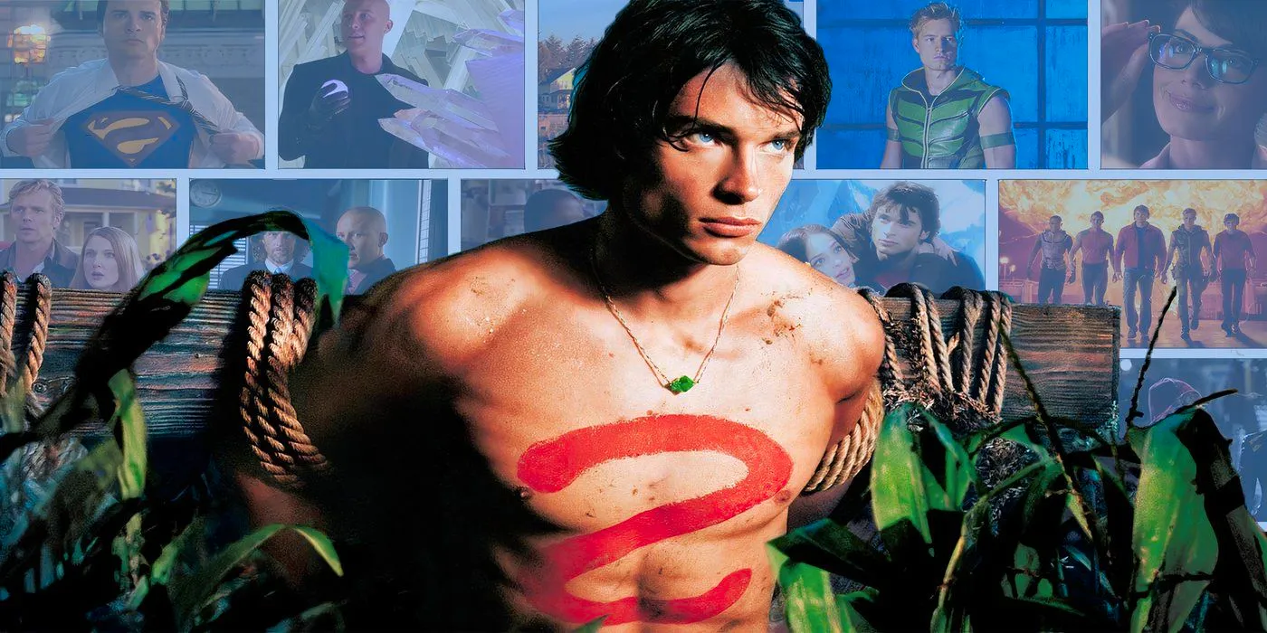 Smallville's Tom Welling in front of important images from the show. Image