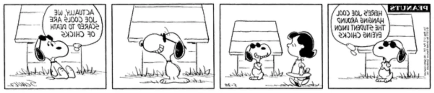 Snoopy as Joe Cool leering at Lucy as she walks by. Image