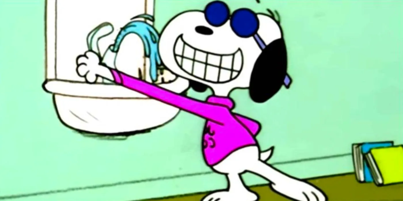 Snoopy as Joe Cool playing with a water fountain. Image