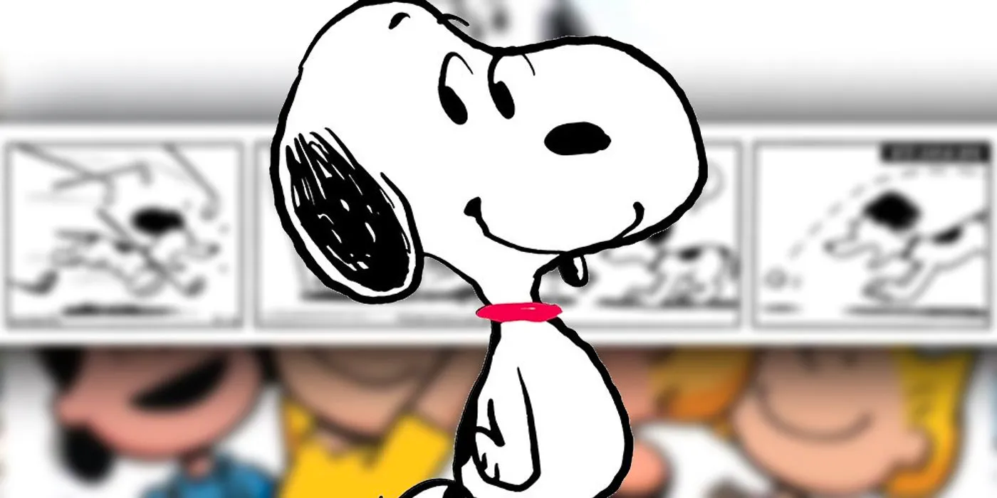 Snoopy from Peanuts Standing in Front of a Comic from 1954 Image