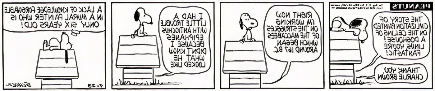 Snoopy lying on the roof of his dog house, listening to Linus and Charlie Brown talking. Image