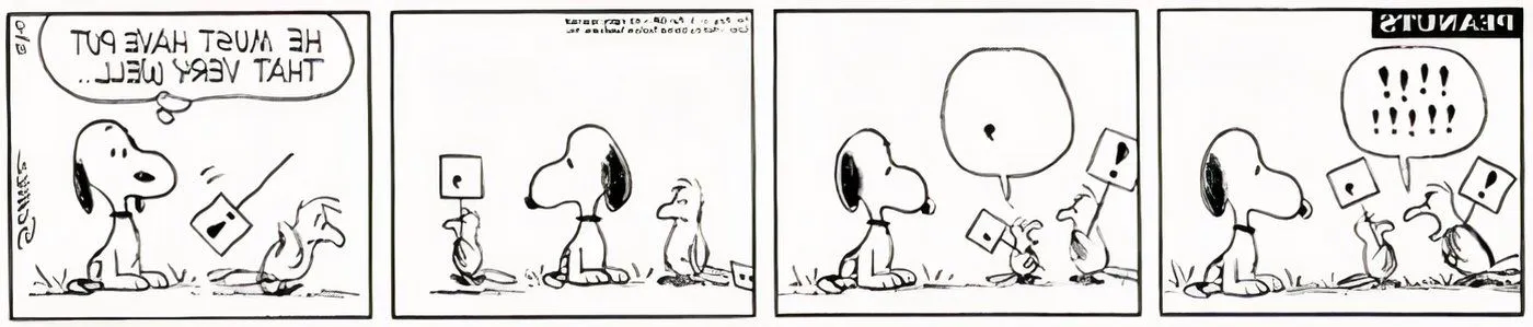 Snoopy noticing another bird with a comma sign changing the minds of other birds. Image