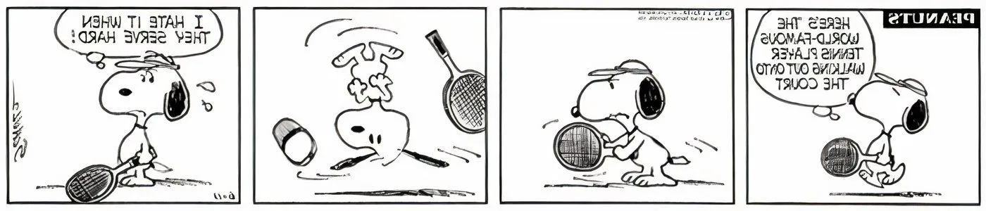 Snoopy playing tennis in Peanuts comic. Image