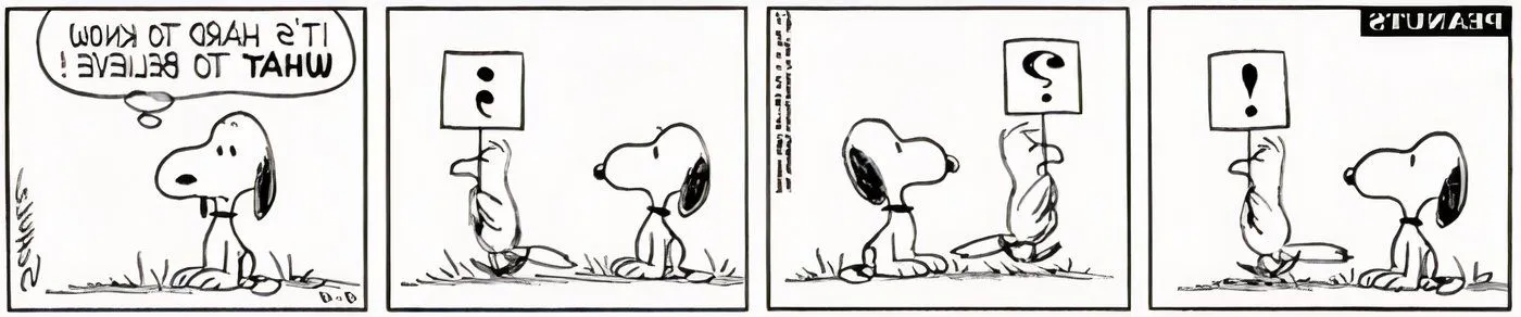 Snoopy seeing another bird with a sign with a semicolon on it. Image