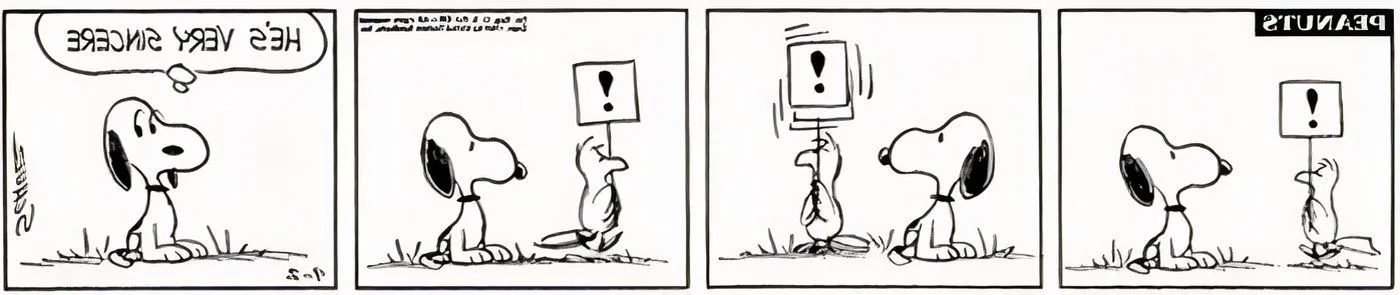 Snoopy supporting a protesting bird holding a sign with an exclamation mark on it. Image