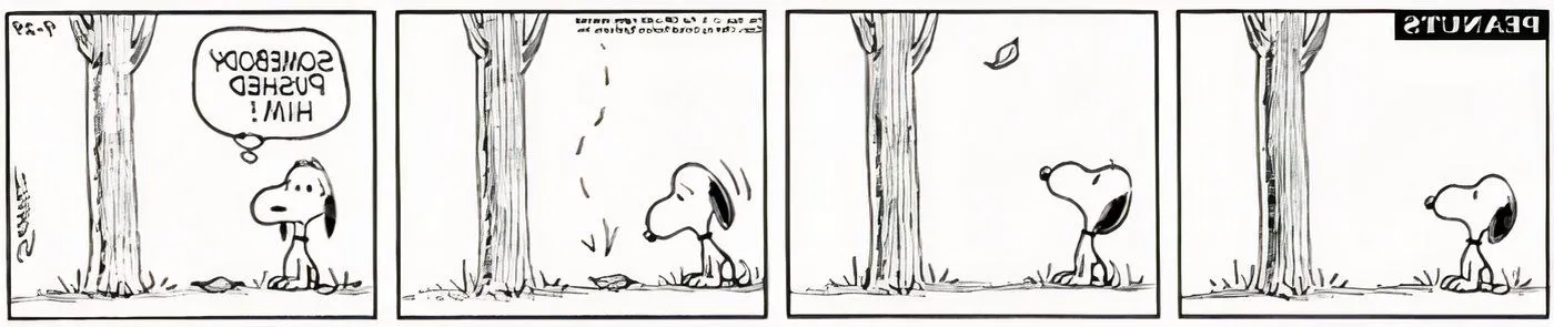 Snoopy watching a leaf fall to the ground.  Image