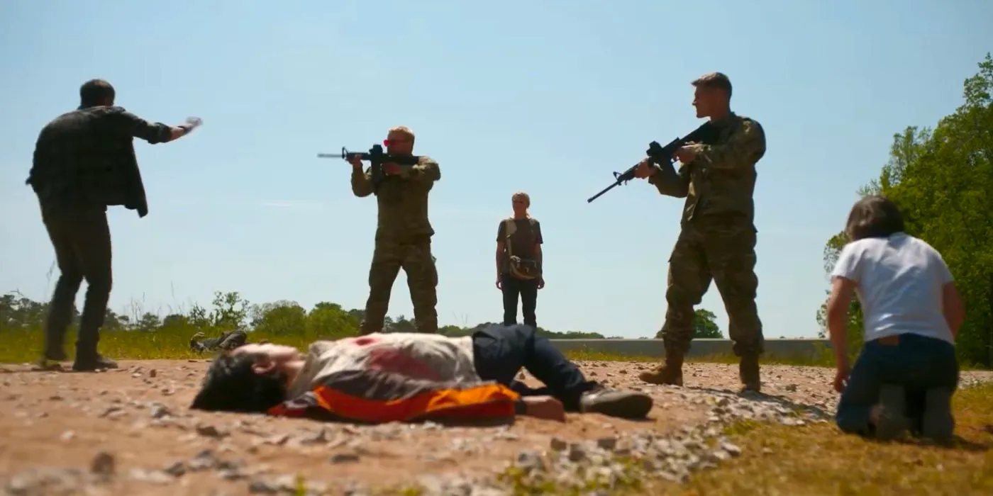 Soldiers point guns at people while standing over a dead man in Civil War Image