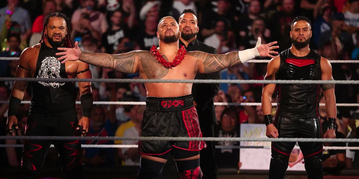 Solo Sikoa Jacob Fatu and the Guerillas of Destiny Tama Tonga and Tonga Loa pose as the new Bloodline 2.0 at WWE Money in the Bank 2024 Image