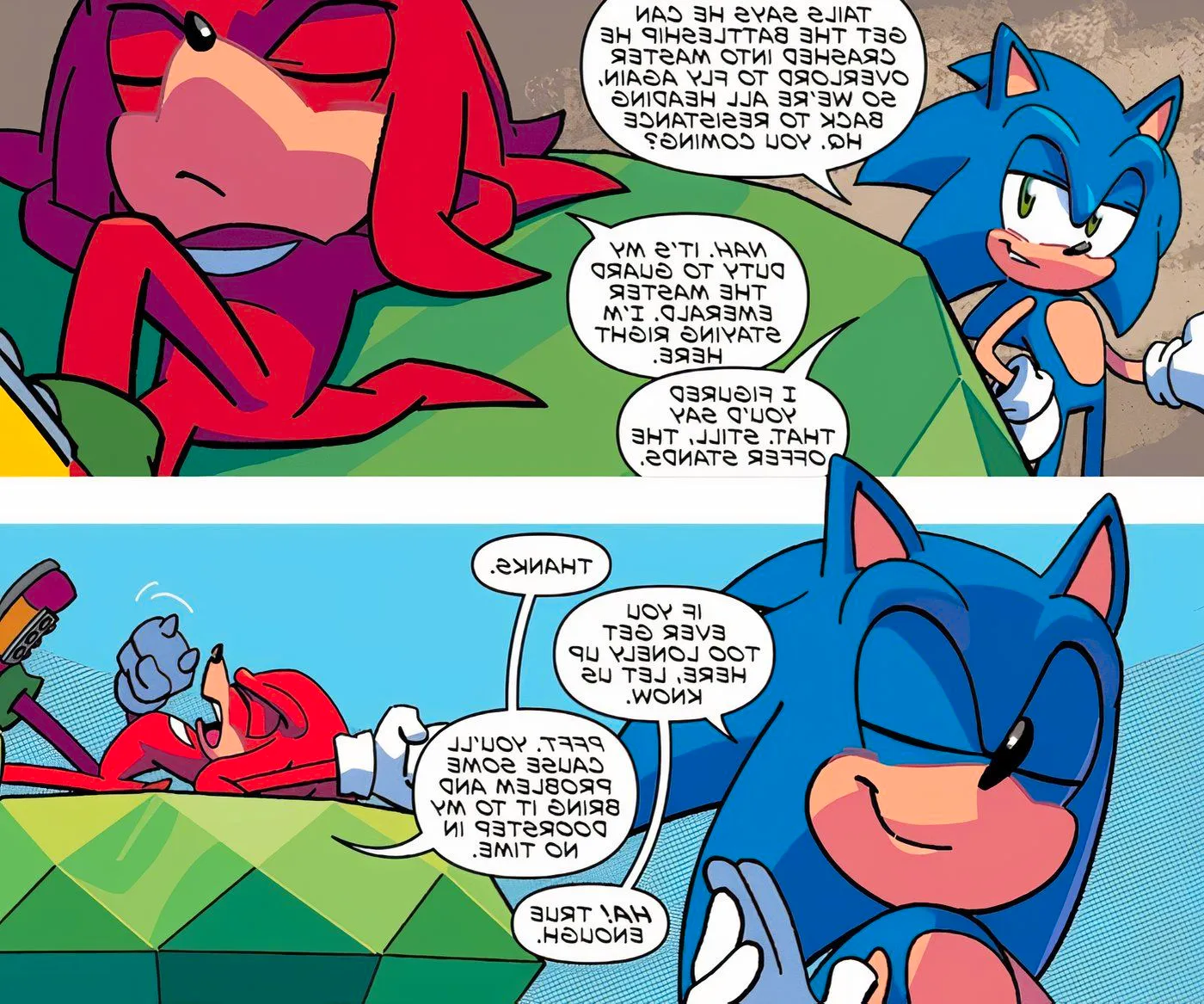 Sonic asks Knuckles if he's returning to the Resistance, and Knuckles decides to stay with the Master Emerald to guard it Image