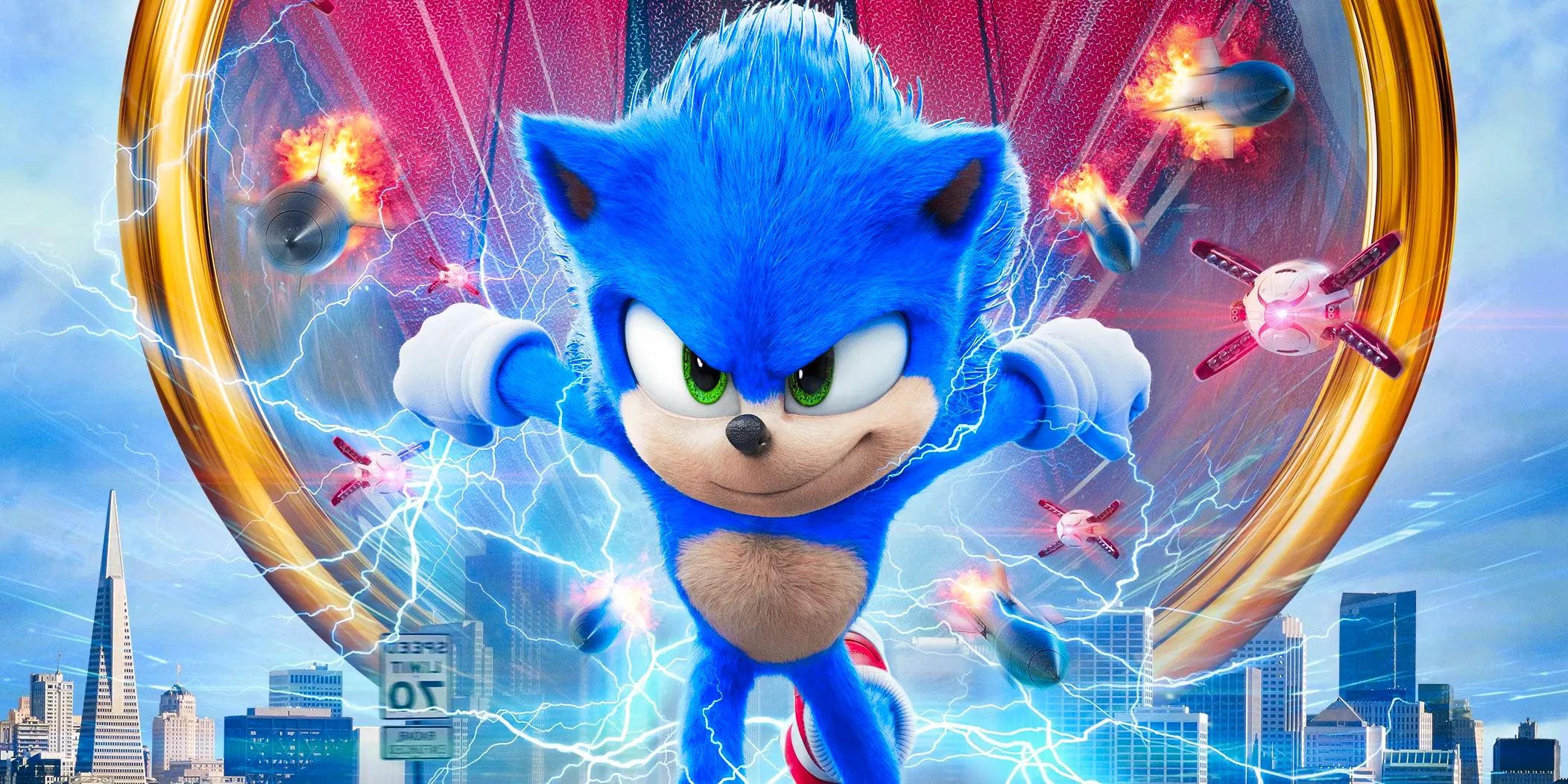 Sonic runs through a giant golden ring on the poster for 2020's Sonic the Hedgehog Image