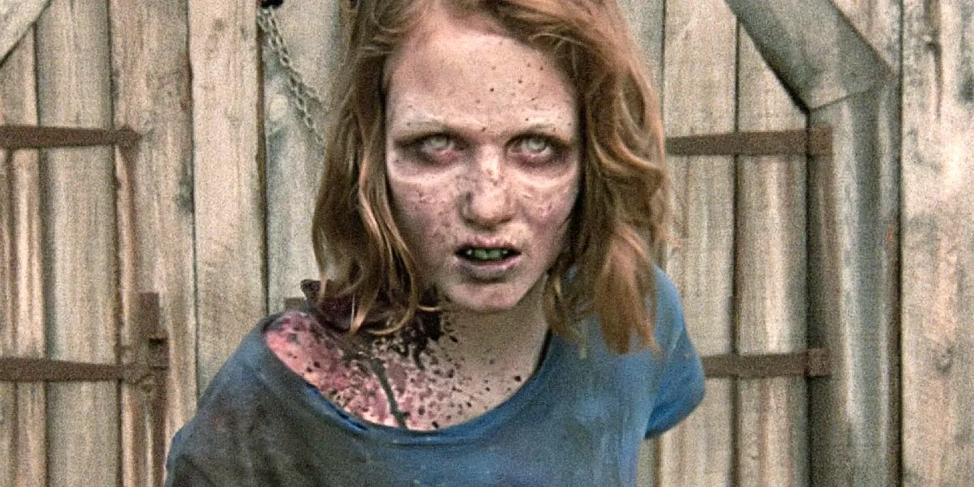 Sophia stands in front of a wooden door after being turned into a walker.  Image