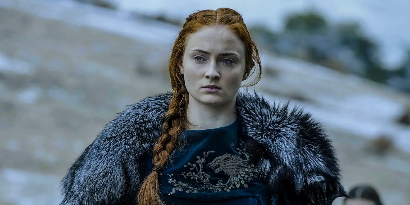 Sophie Turner as Sansa looking serious in Game of Thrones.  Image