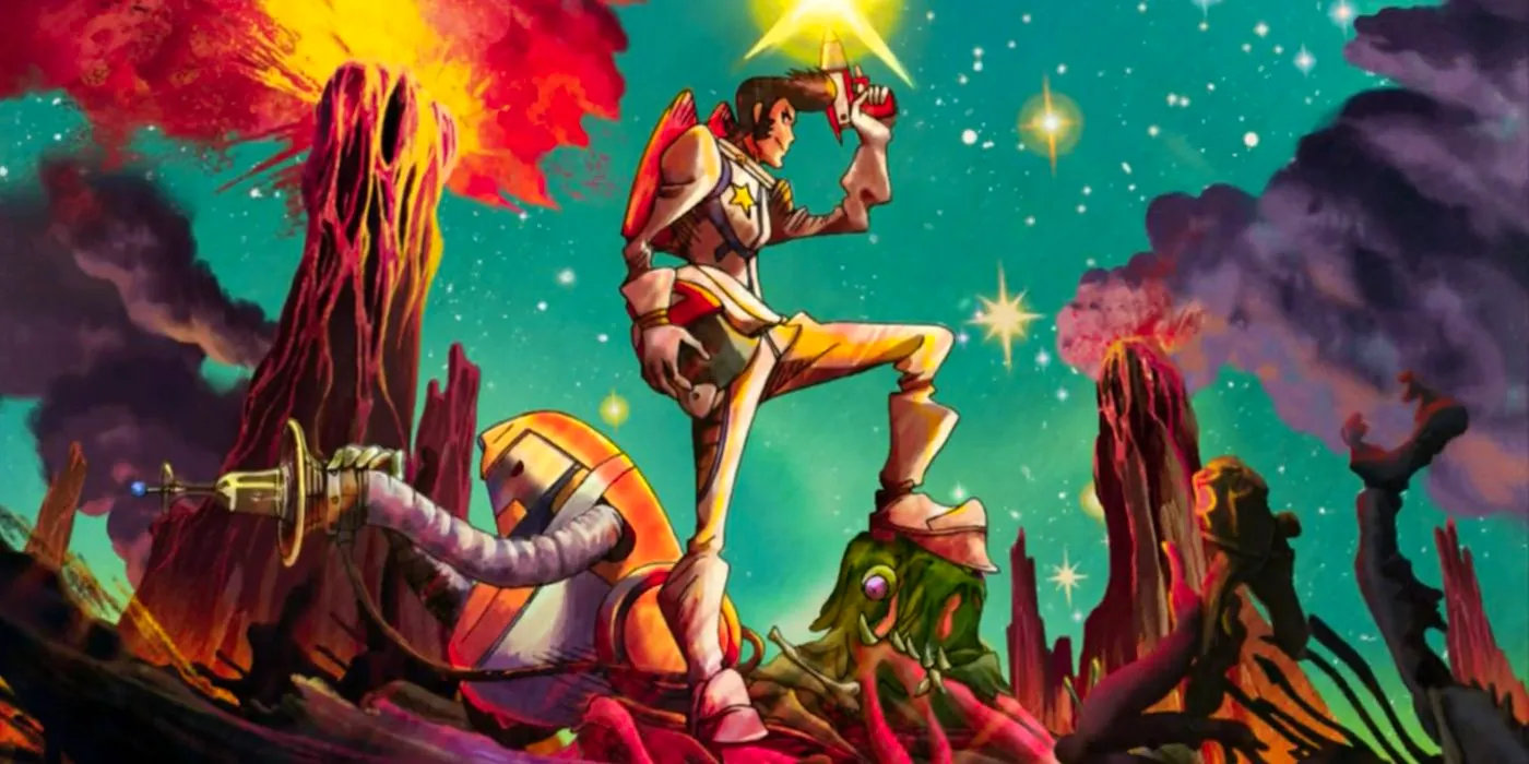 Space Dandy screencap from the opening animation of the main character standing on a desolate planet with a small robot. Image