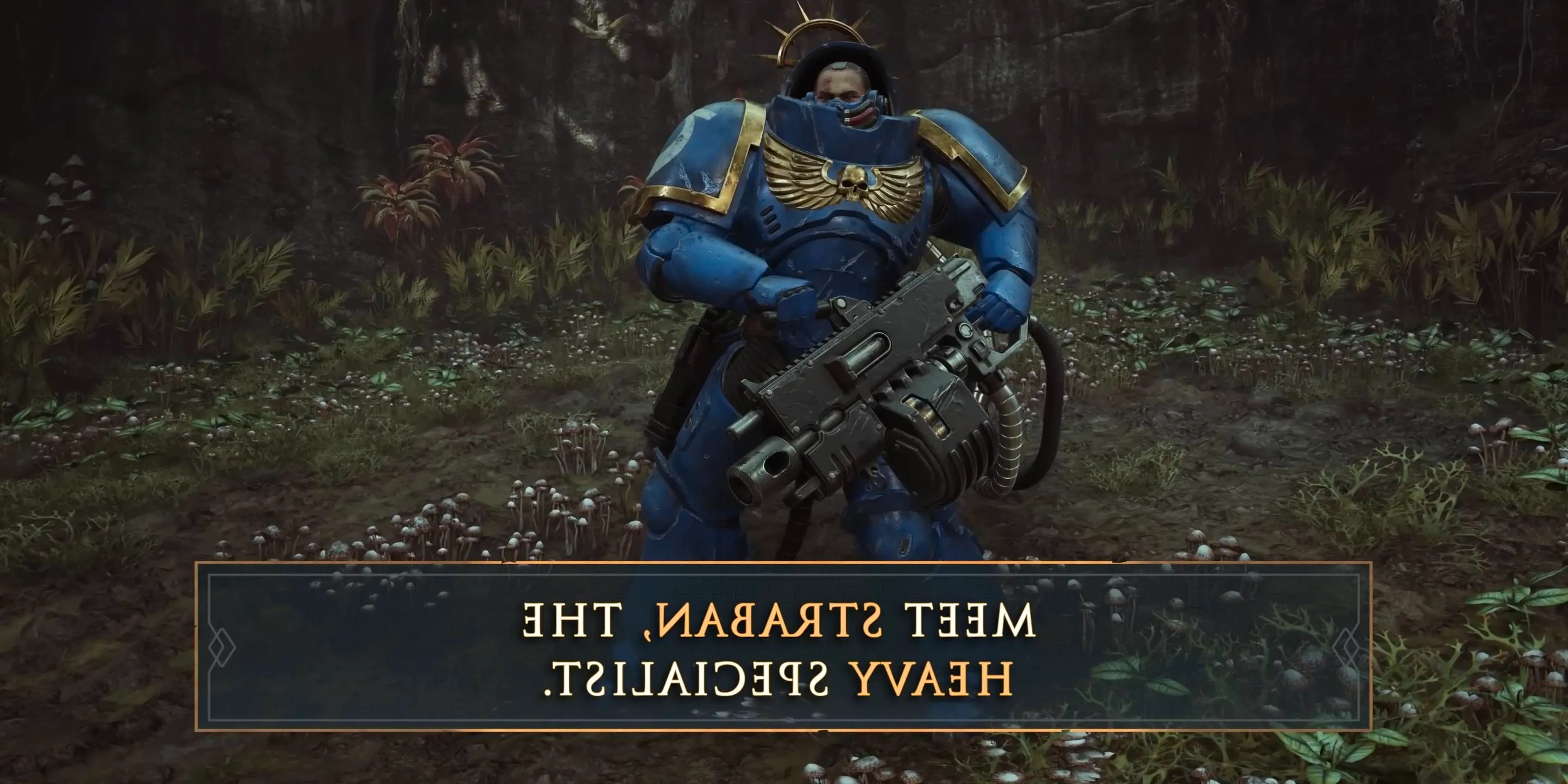 Space Marine 2 Heavy class holding it's large weapon in the middle of the forest. Image