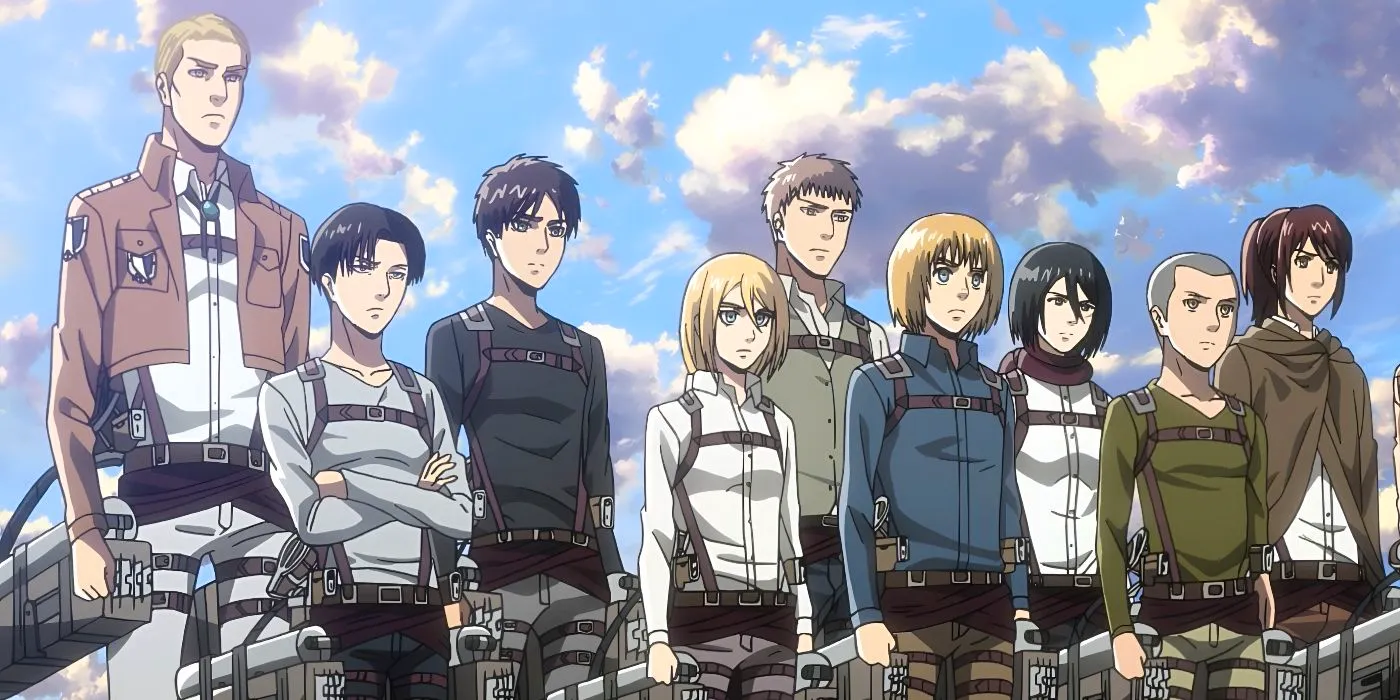 Special Operations Squad and Commander Erwin Smith stand atop the Wall in the Orvud District in Attack on Titan. Image