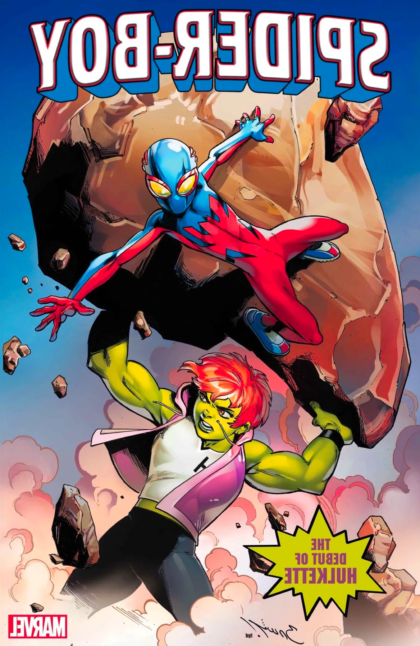 Spider-Boy #13 Spoiler Variant Cover by Mark Bagley - The Debut of Hulkette lifting a large rock with Bailey on it Image