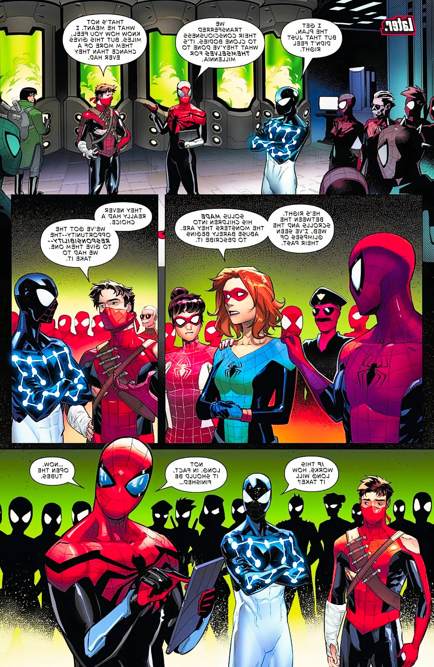 Spider-Geddon #5, gathering of Spider-Men including 'Spider-Stan,' a version of the hero who is Stan Lee Image