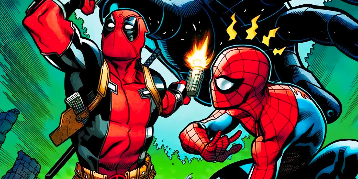 Spider-Man and Deadpool with a giant hand in Marvel Comics' Weirdworld Image