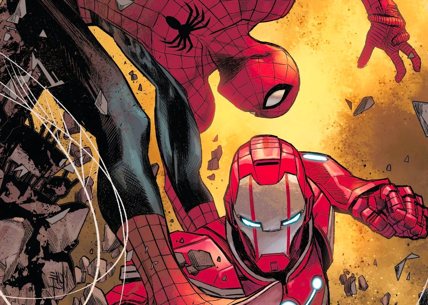 Spider-Man and Tony Stark aka Iron Lad from the Ultimate Universe.  Image