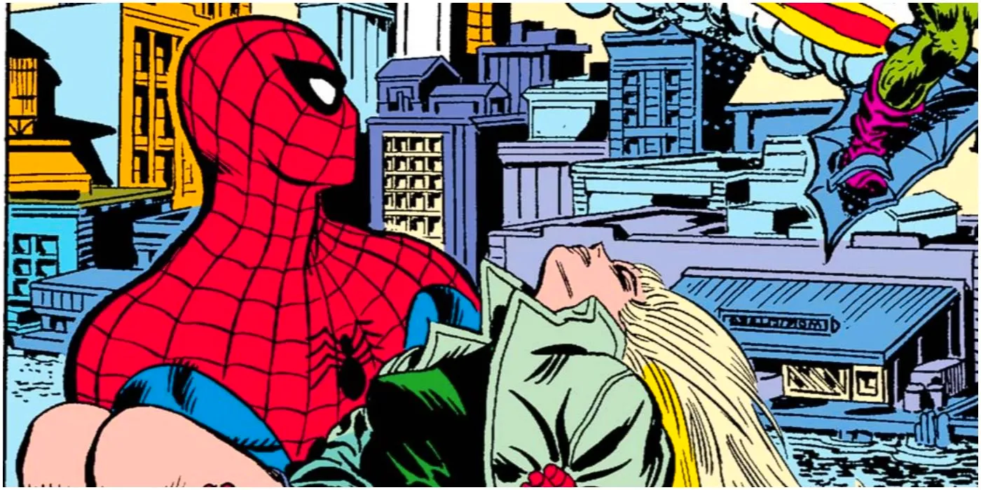 Spider-Man carries the limp body of Gwen Stacy in Marvel Comics. Image