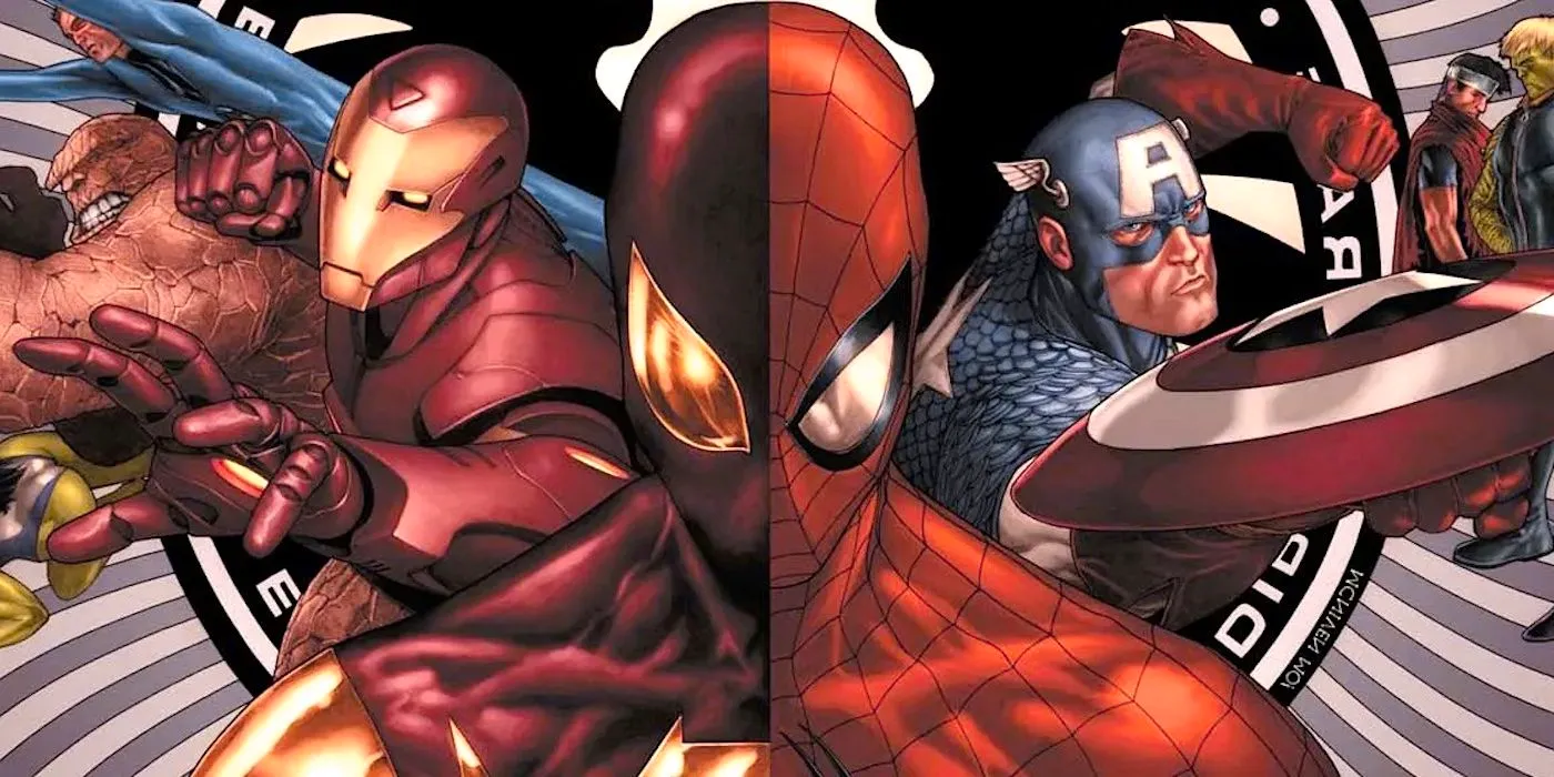 Spider-Man Civil War split image; Captain America & classic costume (left); Iron Spider & Iron Man (right.) Image