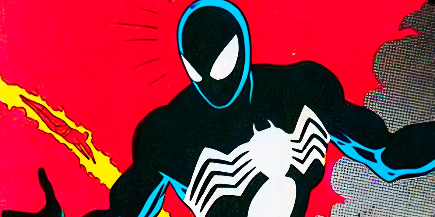 Spider-Man first discovers his black costume, against a red backdrop with a flash of yellow energy. Image