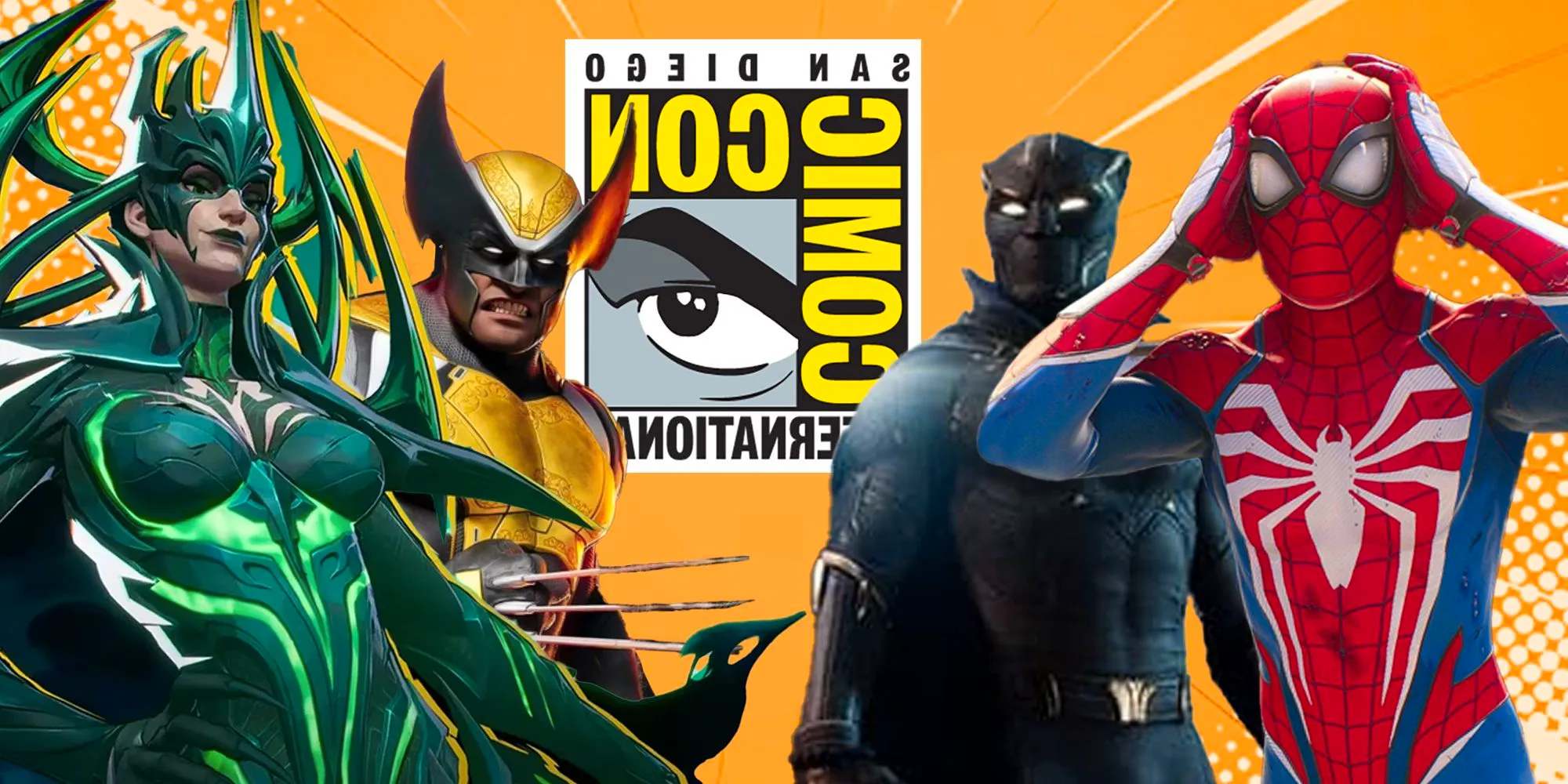 Spider-Man from Insomniac's Marvel Universe, Black Panther from Marvel 1943 Rise of Hydra, Wolverine from Midnight Suns, and Hela from Marvel Rivals with the SDCC 2024 logo behind them Image