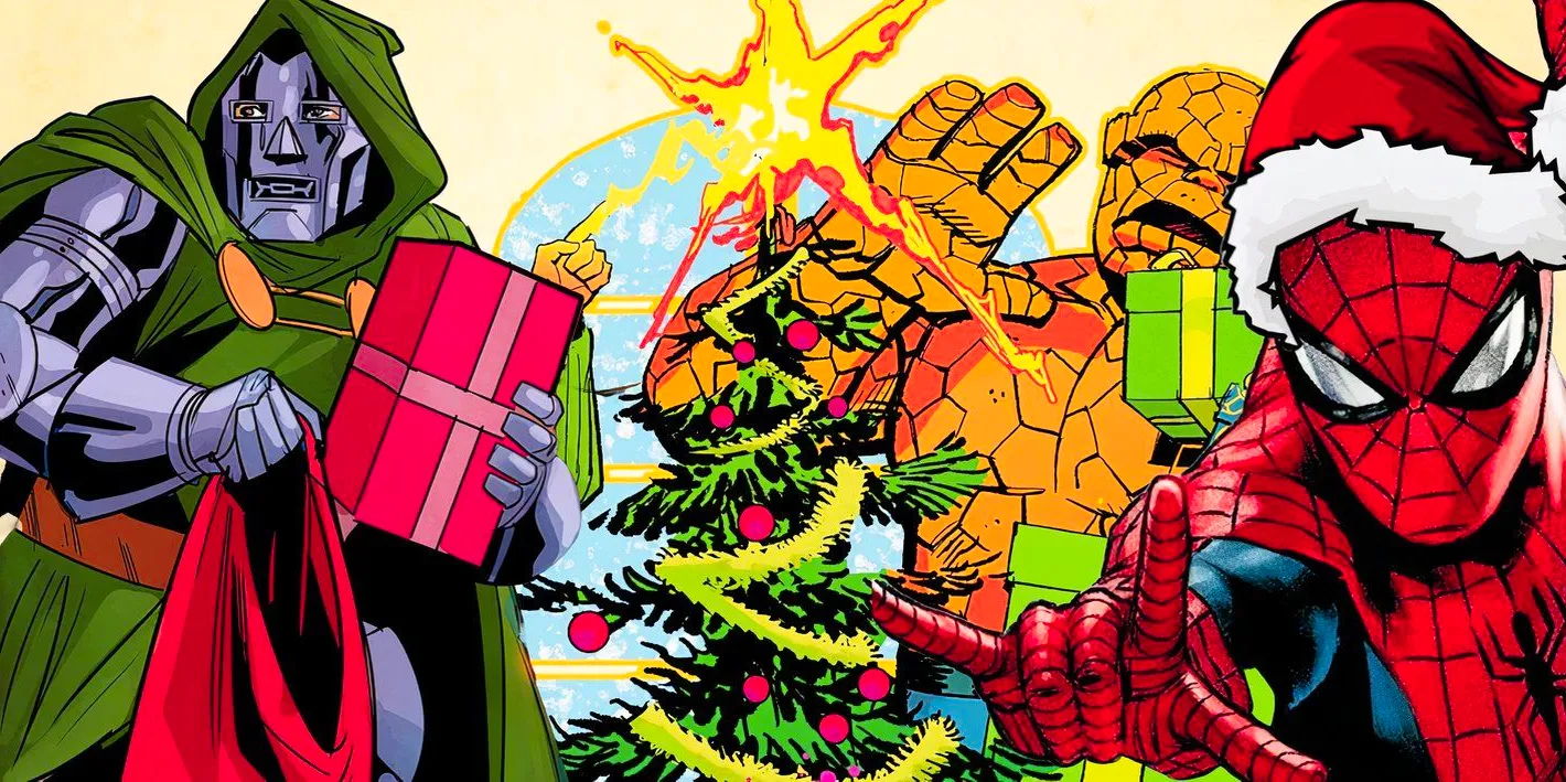 Spider-Man in a Santa hat & Doctor Doom holding a present (foreground) with the Thing & an Xmas tree in the background. Image