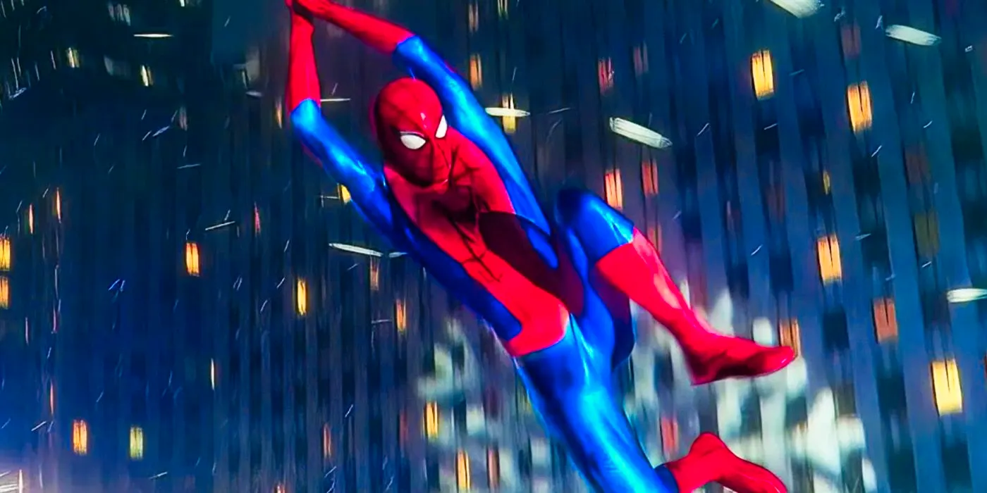 Spider-Man in new suit swinging through New York in Spider-Man No Way Home Image