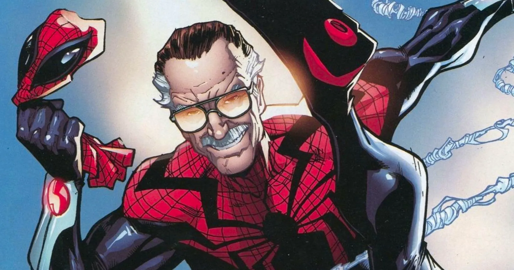 Spider-Man mid-web-sling, ripping off his mask to reveal it is Stan Lee. Image