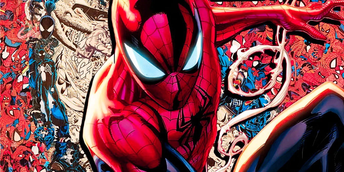 Spider-Man swinging in front of the cover for Amazing Spider-Man #700 showing a collage of Spider-Men Image