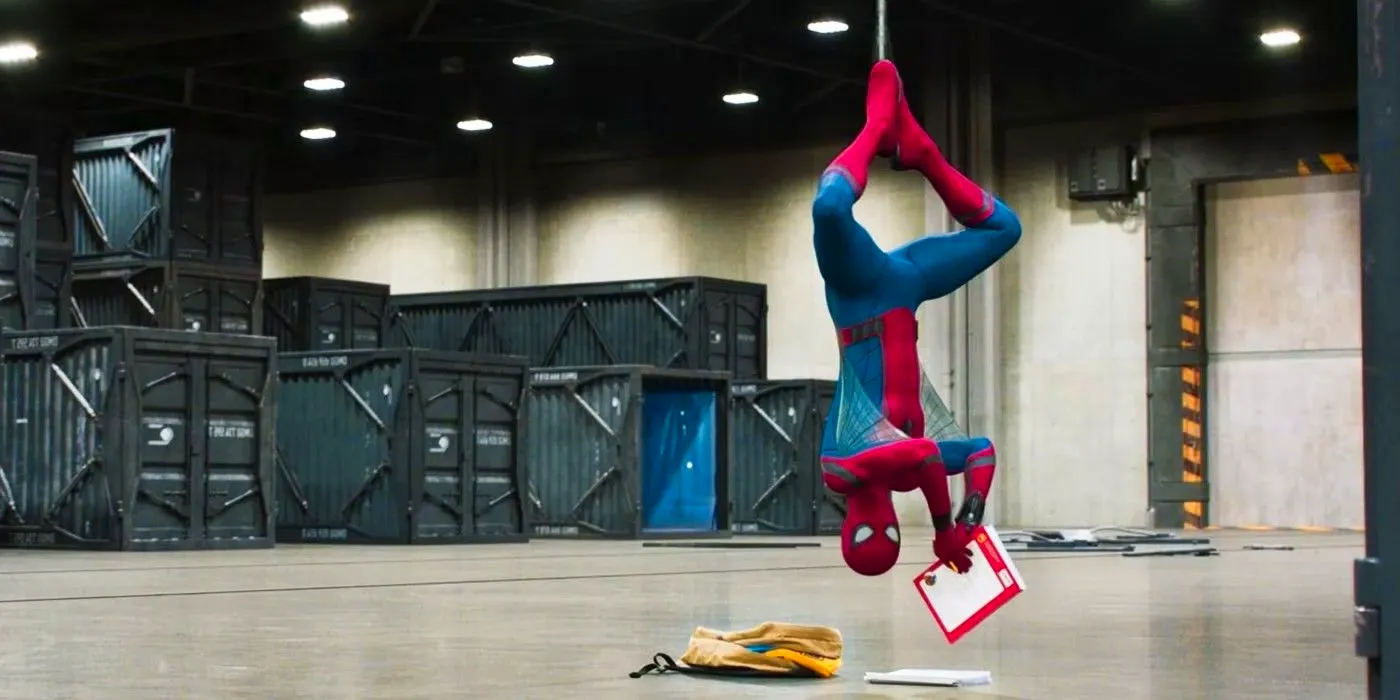 Spider-Man upside-down in a Damage Control facility in Spider-Man Homecoming. Image