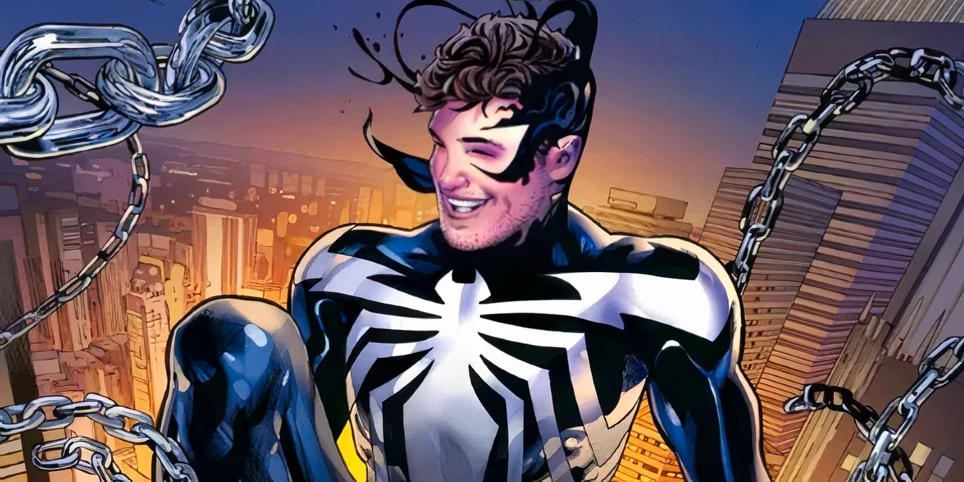 Spider-Man Venom War #1 featuring Peter Parker in black symbiote suit costume (Feature Image) Image