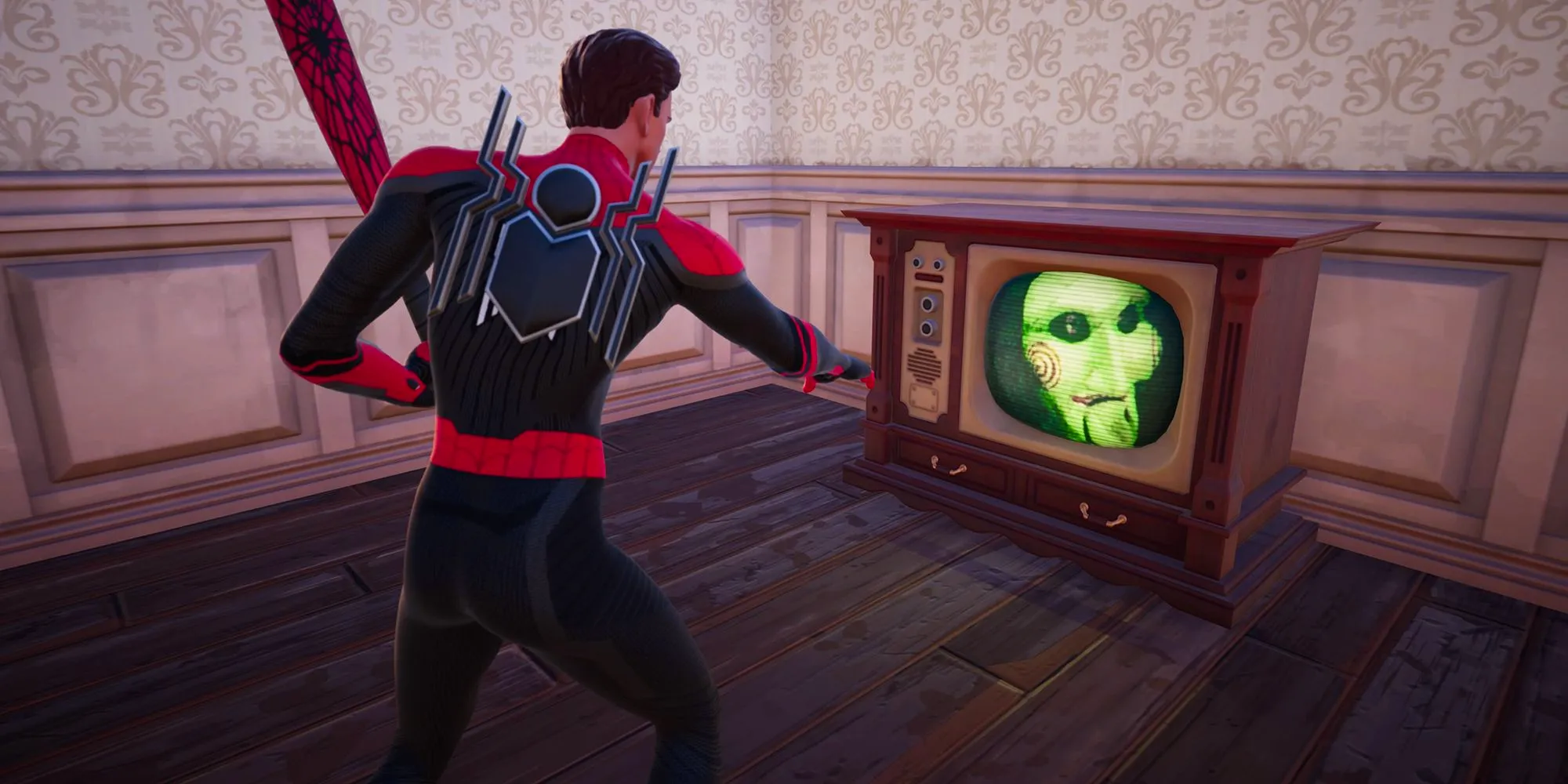 Spider-Man watching Billy the Puppet appear on a retro TV set Image