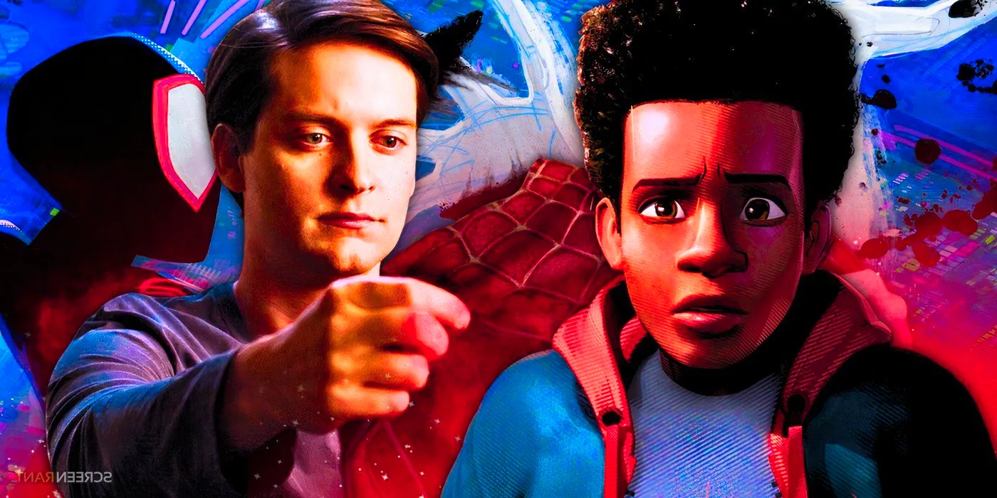 Spider-Verse's Miles Morales in and out of his Spider-Man suit and Tobey Maguire's Peter Parker Image