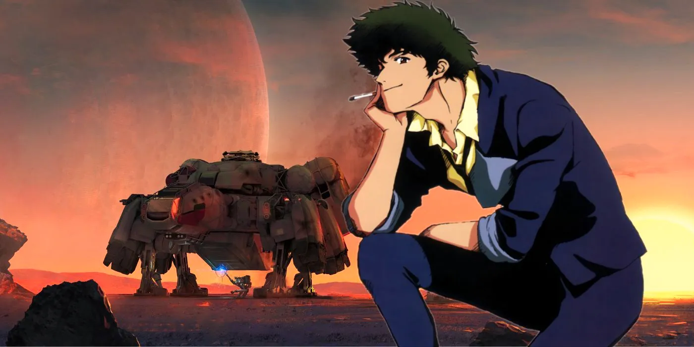 Spike from Cowboy Bebop alongside a landed ship in Starfield Image