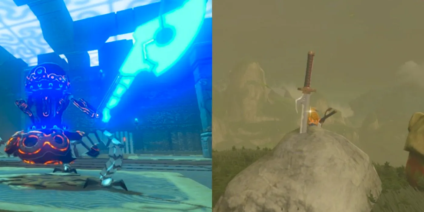 Split image: Eightfold Blade sits buried in a stone, a Guardian wields an Ancient Battle Axe in The Legend of Zelda: Breath of the Wild Image